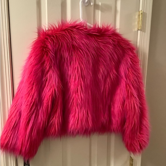 INC Hot Pink Faux Fur Rave Punk Glam Crop Bolero Jacket Size Large - Picture 12 of 15